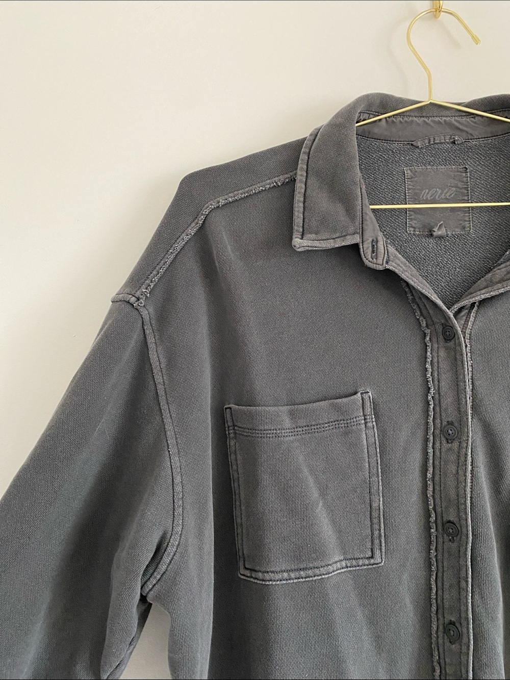 Aerie Washed Charcoal Oversized Fleece Button Down Sweatshirt - Picture 6 of 11